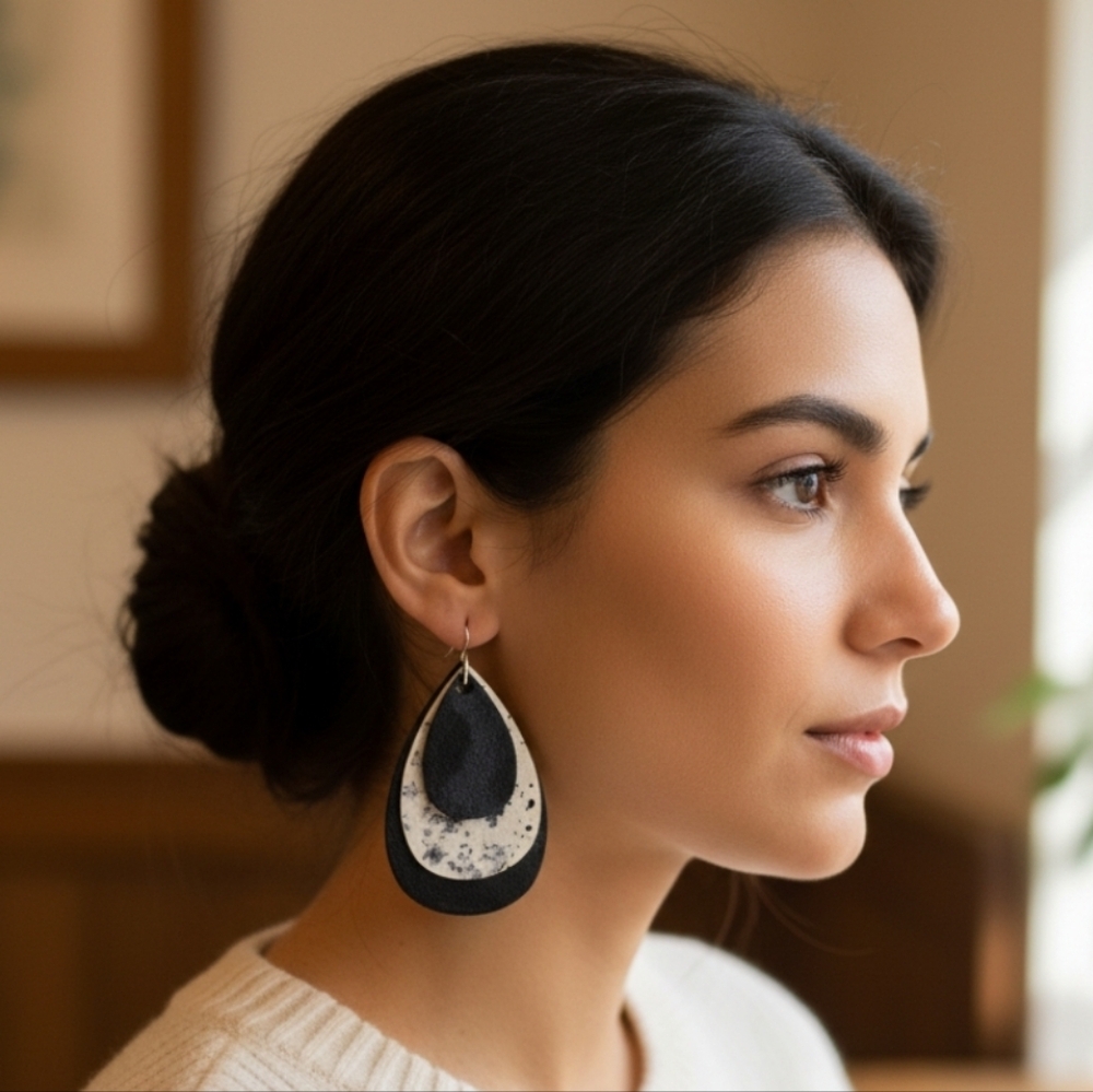 HANDCRAFTED Wood Layered Teardrop Earrings HANDMADE HAND PAINTED Dangle Earrings